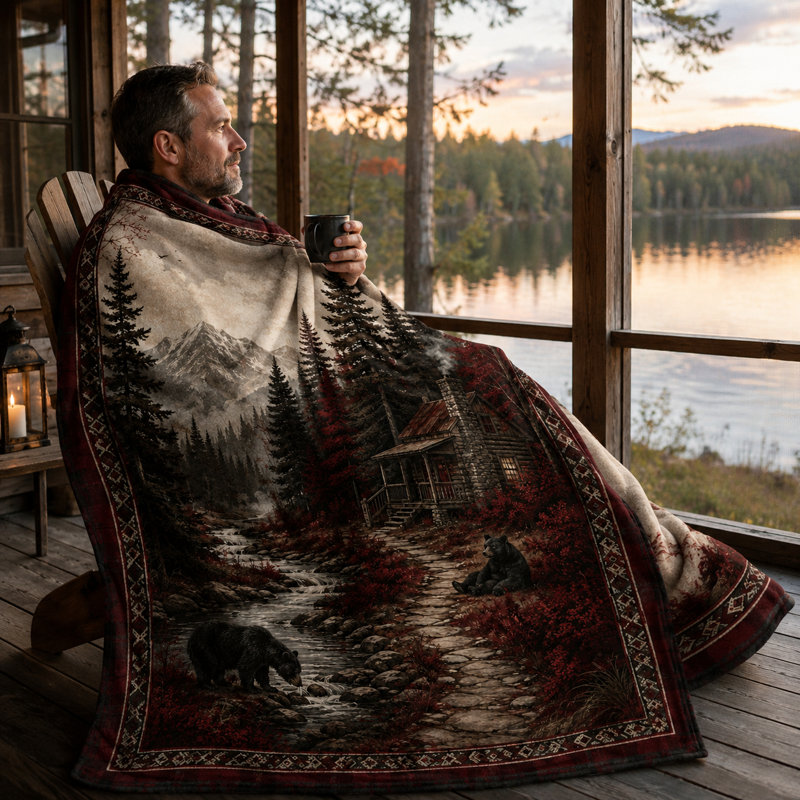 Jeté en flanelle rustique Black Bear avec cabane, ruisseau Mountain et bordure à carreaux rouges, Lodge