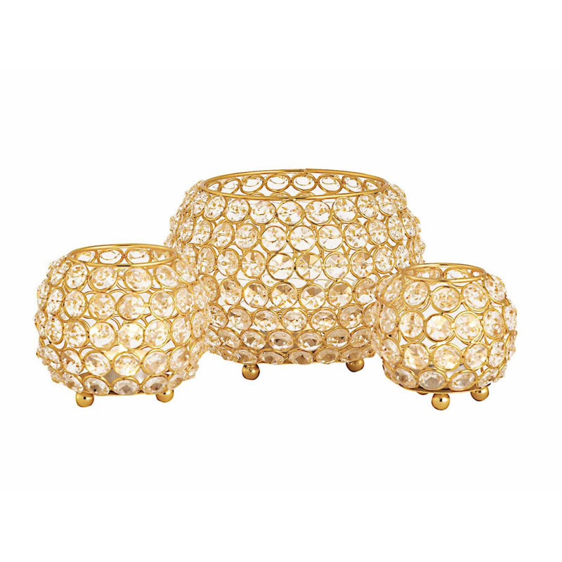 3 Piece Metal Tealight Holder Set, Gold