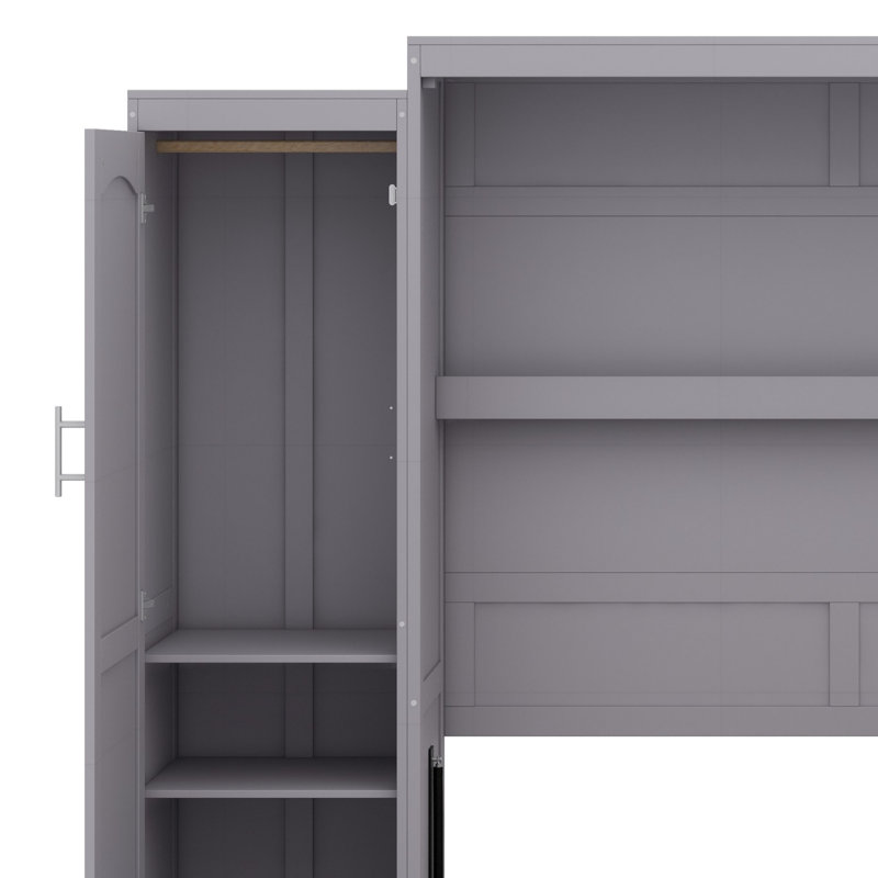 Lit escamotable avec garde-robe et tablette de rangement, gris