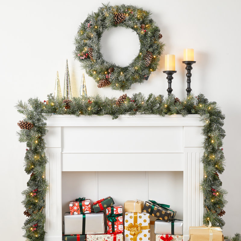 Glittered Christmas Wreath and 9ft Garland with Lights and Pincone