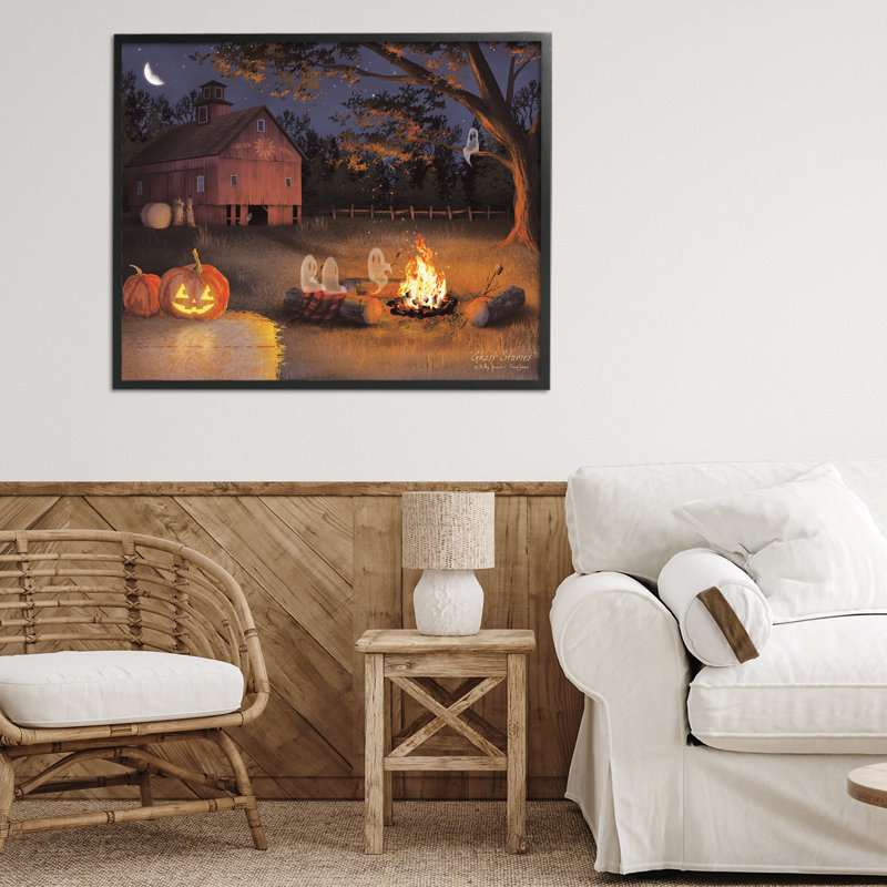 Spooky Ghost & Autumn Campfire, giclée encadrée, design par Billy Jacobs, Giclée encadrée noir minuit, H 24 po x l 30 po