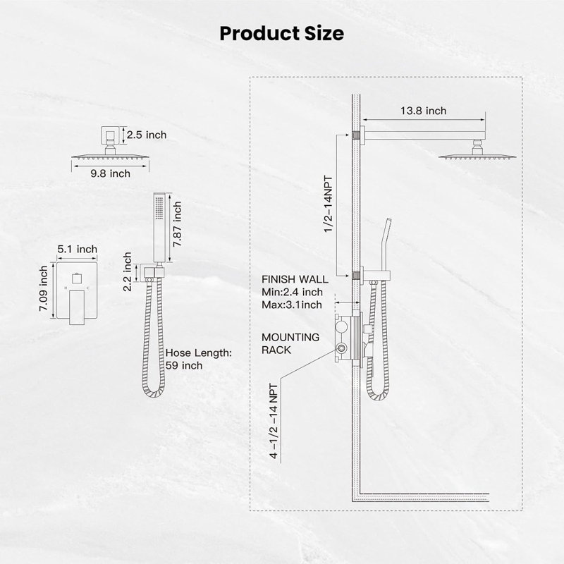 Rainfall Bathroom Shower System Rain Shower Head and Handle Set Wall Mounted Shower Complete Combo Solid Brass Pressure Balancing Shower Mixer Valve 10 Inch Matte Black