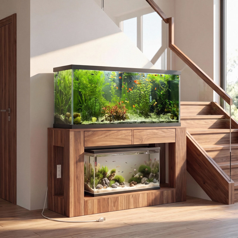 Support d'aquarium Farmhouse 55 à 90 gallons avec prise de courant, support d'aquarium en bois avec 2 tiroirs, support de réservoir de reptile robuste à 2 niveaux, capacité de 1000 lb