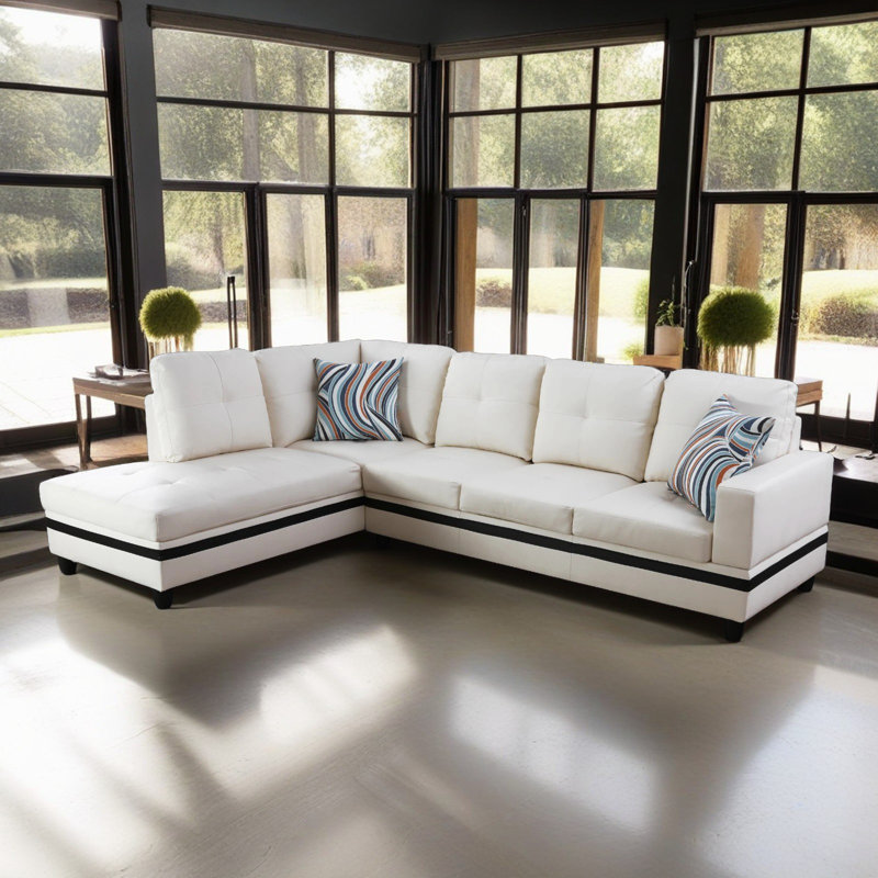 Bawan Faux Leather L-Shaped Sectional, Left Hand Facing, Beige/Black Faux Leather