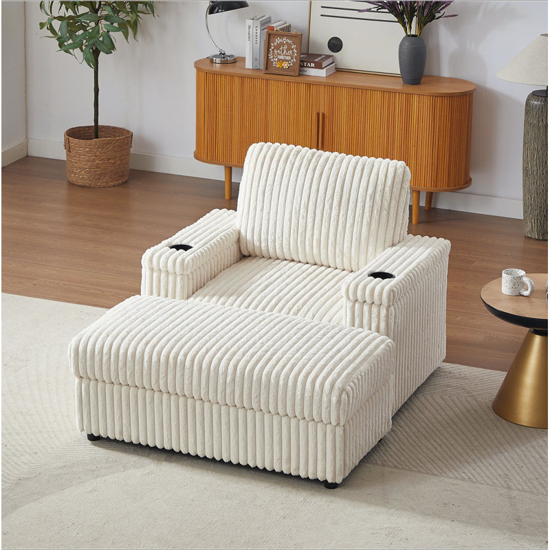 Corduroy Recliner with Cup Holder & Storage Footrest – Backrest Pillow, Armrest Storage, Beige