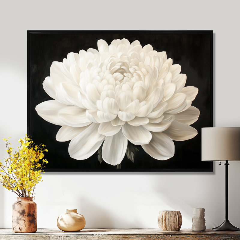 Fleur de pétales de neige - Tableau encadré sur toile représentant un chrysanthème, H 24 po x l 32 po, Cadre flottant noir