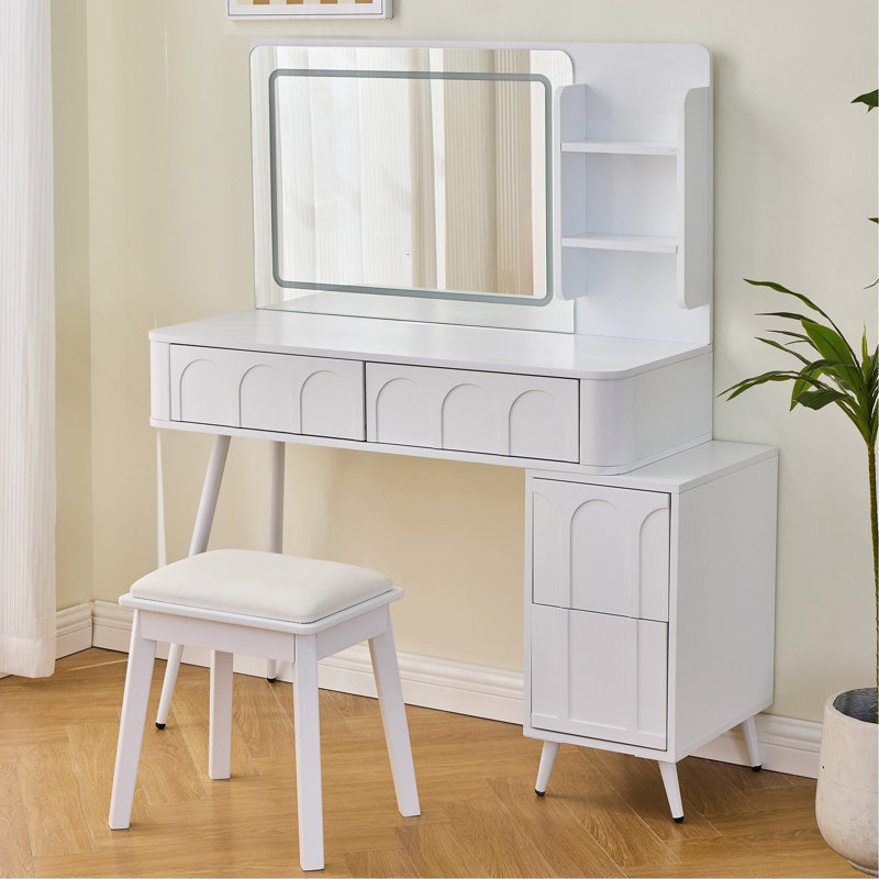 Modern Makeup Vanity Desk With LED Lights & Mirror, 4 Drawer Dressing Table Set With Stool, 3 Colors Dimmable Brightness, Space-Saving For Bedroom