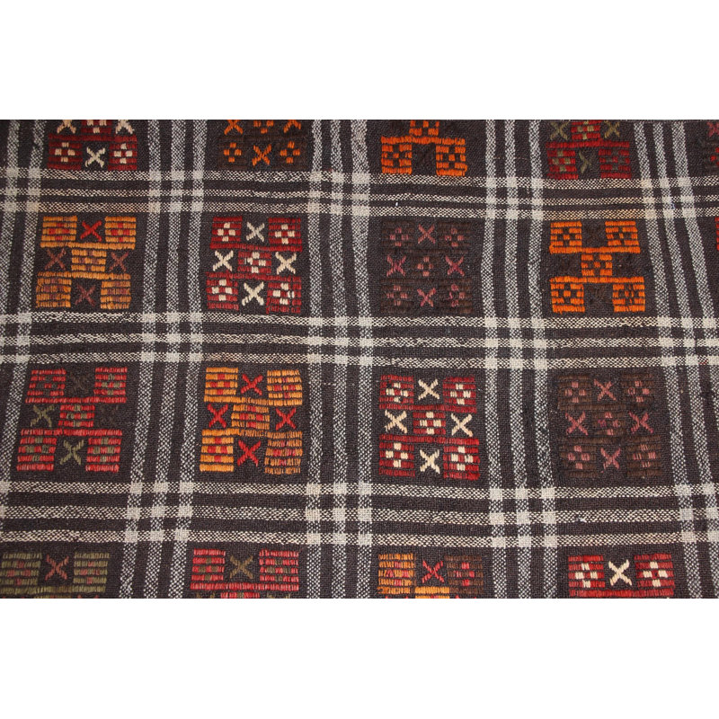 Tapis de couloir turc rétro vintage noué à la main en laine noire audacieuse avec broderie complexe