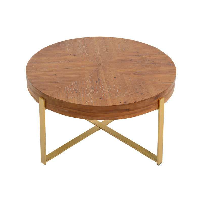 33.86"Modern Retro Splicing Round Coffee Table,Fir Wood Table Top With Gold Cross Legs Base, Gold