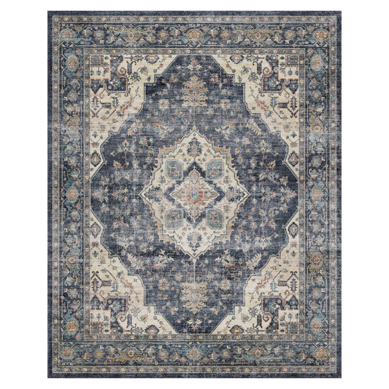Soft Navy Machine Washable Oriental Area Rug For Living Room, Bedroom, Rectangle 8' x 10', Navy