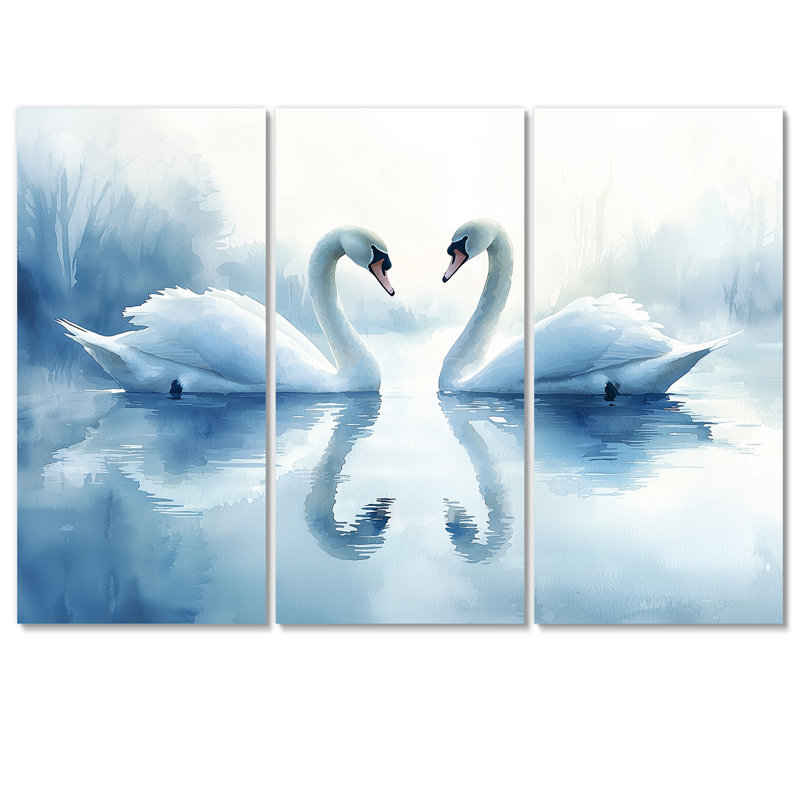 Cygnes tranquilles sur le lac II - Art mural oiseau - 3 pièces, H 28 po x l 36 po, Toile tendue, Ne s’applique pas