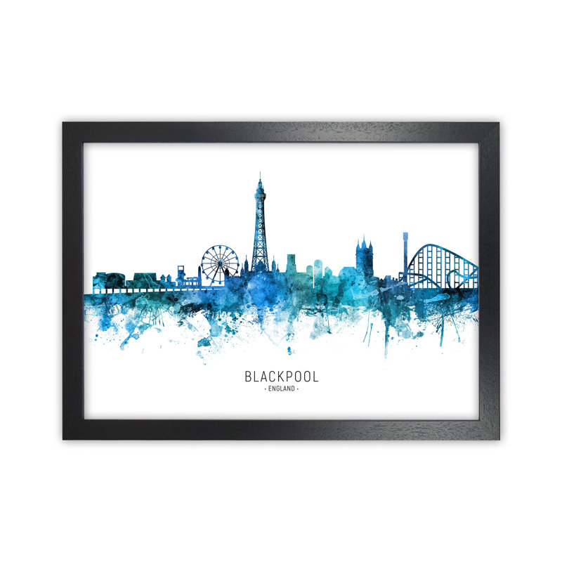 Blackpool England Skyline Blue City Name by Michael Tompsett - Print, Black Framed, 46cm H x 63cm W x 3cm D