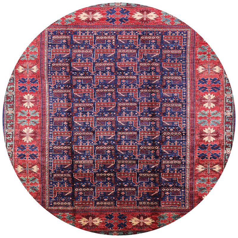Tapis géométrique rouge / bleu / beige, Rond 3 pi