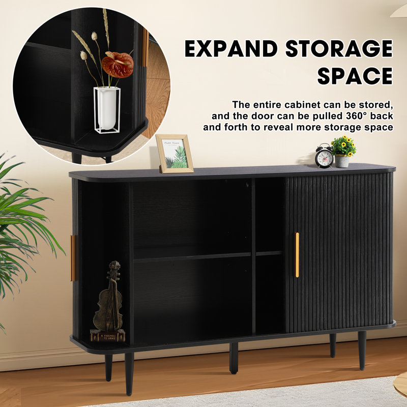 47" Sideboard Buffer Cabinet with Fluted Slide Doors, Tambour Storage Cabinet with Adjustable Shelves, Black