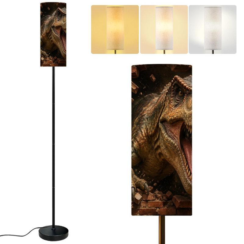  68.5" Standing Floor Lamp T Rex Dinosaur Breaking Brick Wall Explosive Action Dimmable Metal Pole Lamp with Linen Lampshade LED Bulb Included