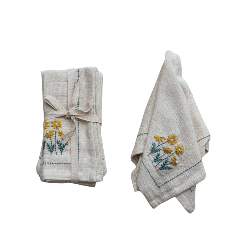 Floral Hand-Embroidered Cotton Napkins