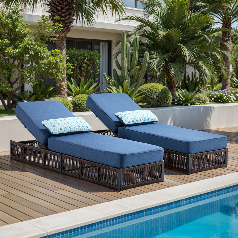 Clybourn Outdoor Patio Swimming Pool Adjustable Wicker Chaise Lounge Chair With Cushion (Set Of 2), Blue