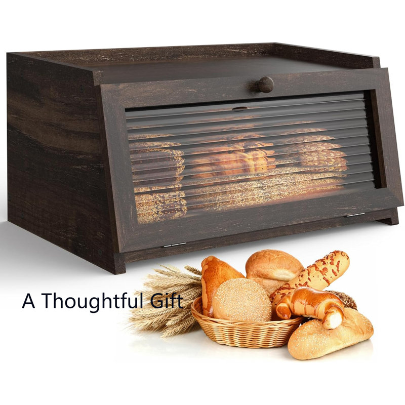Large Dark Brown Wooden Bread Box with Window
