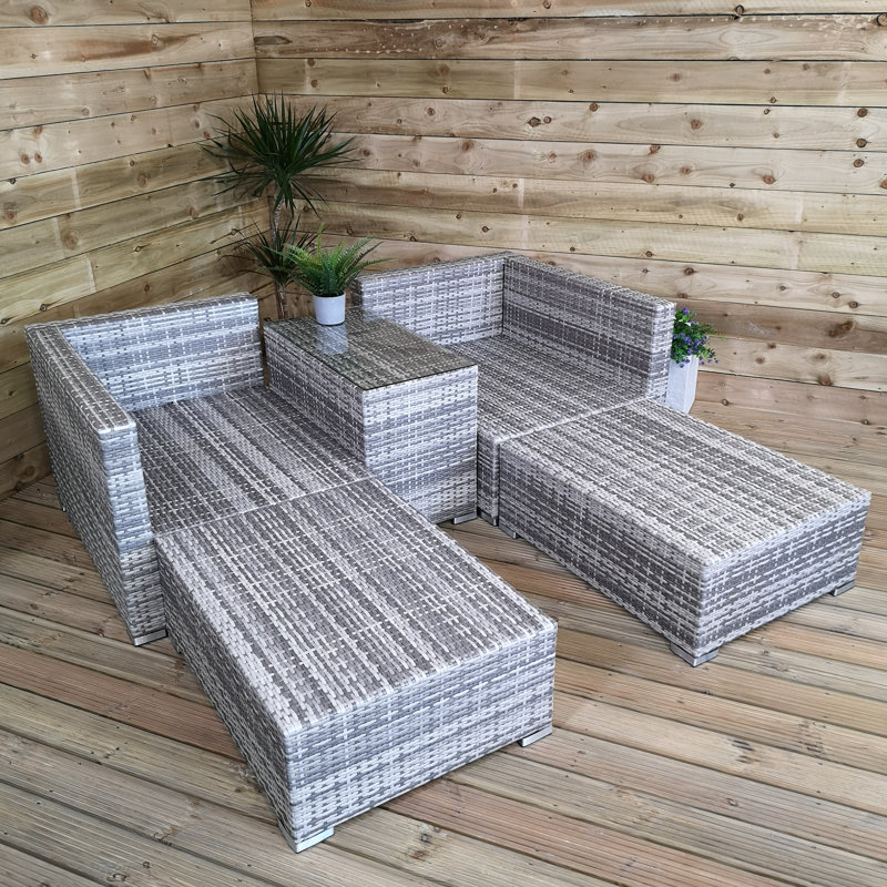Luxury Grey Wicker Rattan Sofa Cube Garden Furniture Lounger Set With Glass Top Coffee Table