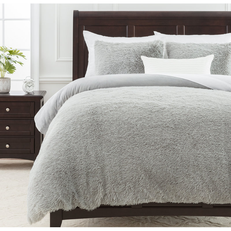 Ultra Soft Longfur Shaggy Chic Duvet Cover Set, King Duvet Cover + 2 Shams, Gray
