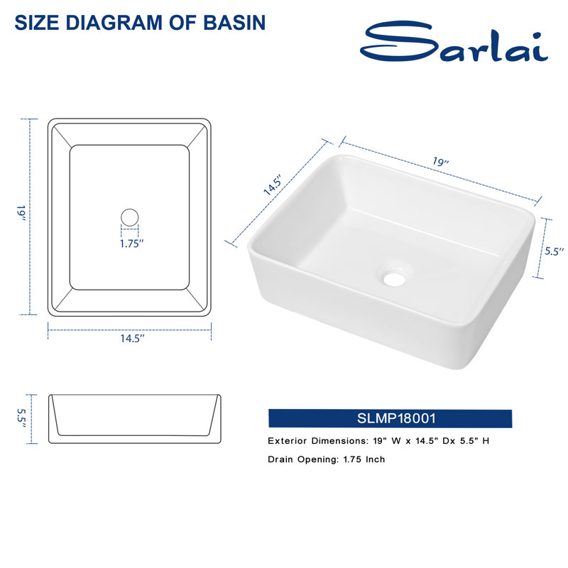 19" L x 15" W Ceramic Rectangular Vessel Bathroom Sink, White