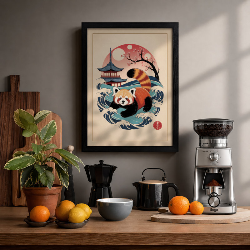 Red Panda in Waves Japandi - Framed Print, A1 - 84.1 x 59.4 cm, Black