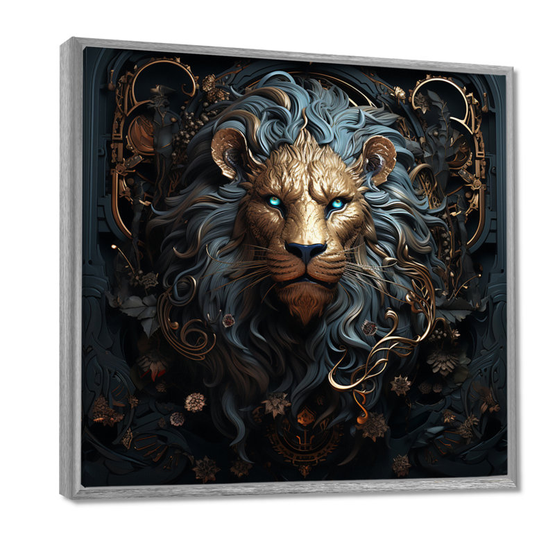 Majestic lion II - Lion, art mural, H 16 po x l 16 po x P 1 po, Encadrement argenté