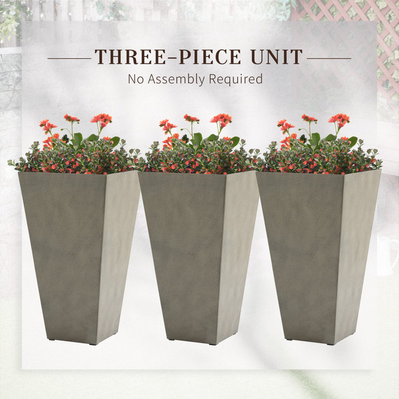 Outsunny 28" Tall Gray Plastic Planters with Drainage Hole, Set of 3