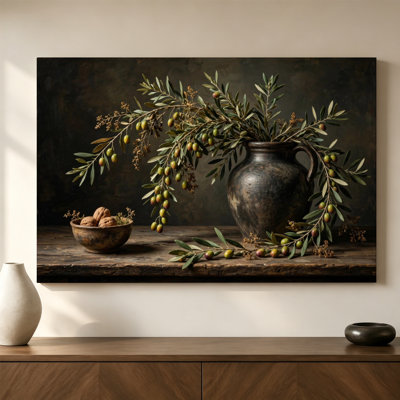 Dark Botanical Still Life Framed Canvas Wall Art with Black Floater Frame, Horizontal Moody Print for Office, 24" H x 36" W