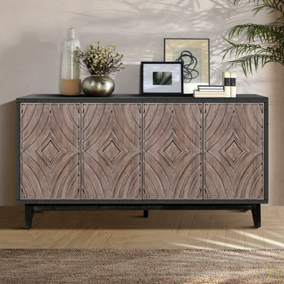 Buffet de style Mid-Century avec pieds en bois massif, crédence de 60 po avec 4 portes à losanges et 2 tablettes décoratives pour le salon, etc.