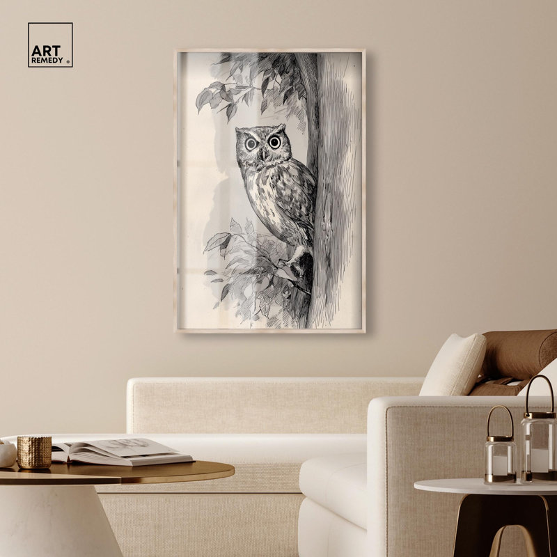 Art mural de cuisine, arbre perchoir et hibou par Art Remedy, cadre blond, 36 x 54, H 55 po x l 37 po, Cadre blond