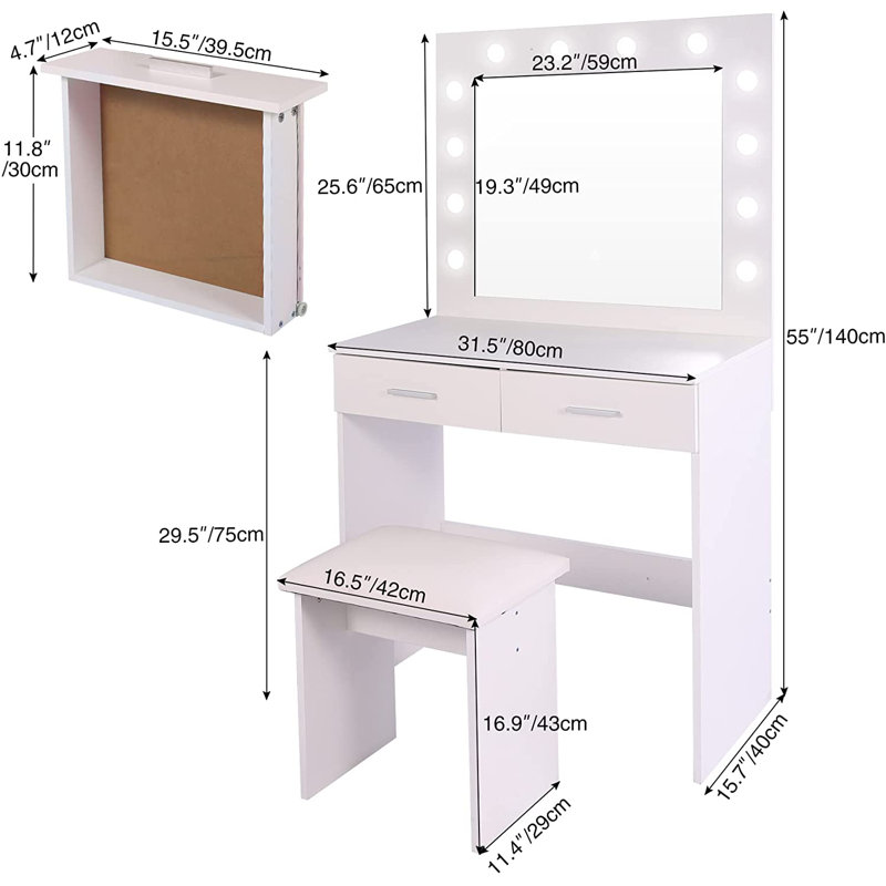 31.5'' White Lighted Makeup Vanity Set with Stool and Mirror