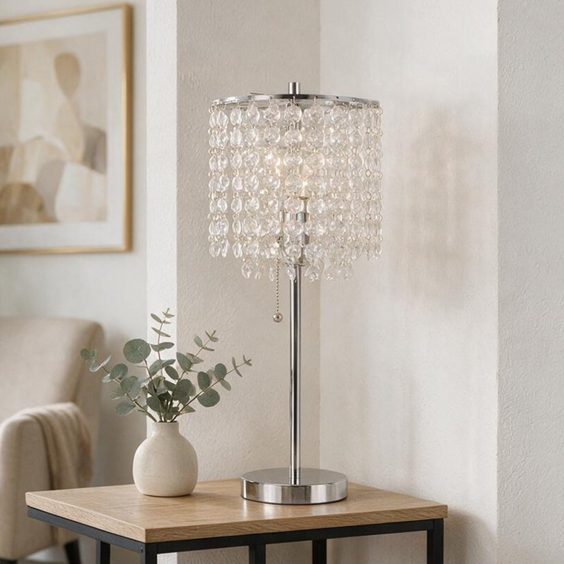 Lampe de table haute 20,25 po en métal avec finition argentée, abat-jour en cristal