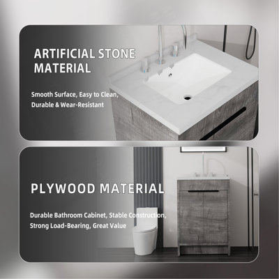Meuble-lavabo autoportant de 61 cm avec lavabo, porte à fermeture amortie, comptoir et dosseret en marbre synthétique blanc de Carrare de 5 cm, contreplaqué