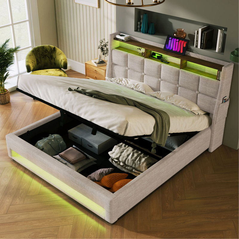 Grand lit plateforme tapissier avec système de rangement hydraulique, chargement par DEL et USB (sans matelas), Beige