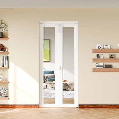 Bifold Doors - 1 Lite Mirror Glass Panel Design Interior Door For Closet,Solid Wood With Lock,Handle And Hardware Kits.