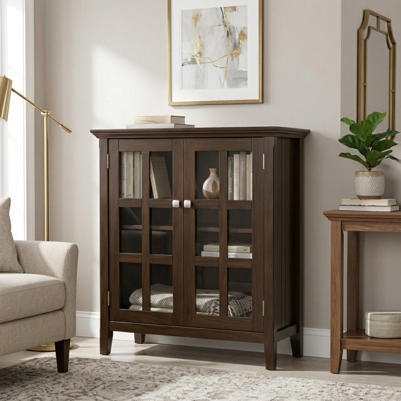 Acadian Solid Wood Transitional Low Storage Cabinet with Glass Doors and Adjustable Shelves, Brunette Brown