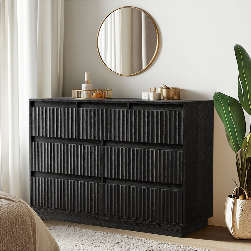 Commode double à 7 tiroirs de 47 po avec panneau ondulé Dejesus, Noir
