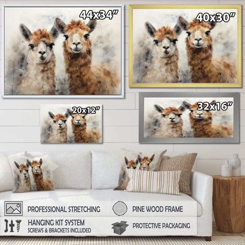Alpagas Graceful Alpacas I - reproduction sur toile, H 24 po x l 32 po x P 1 po, Cadre naturel flottant