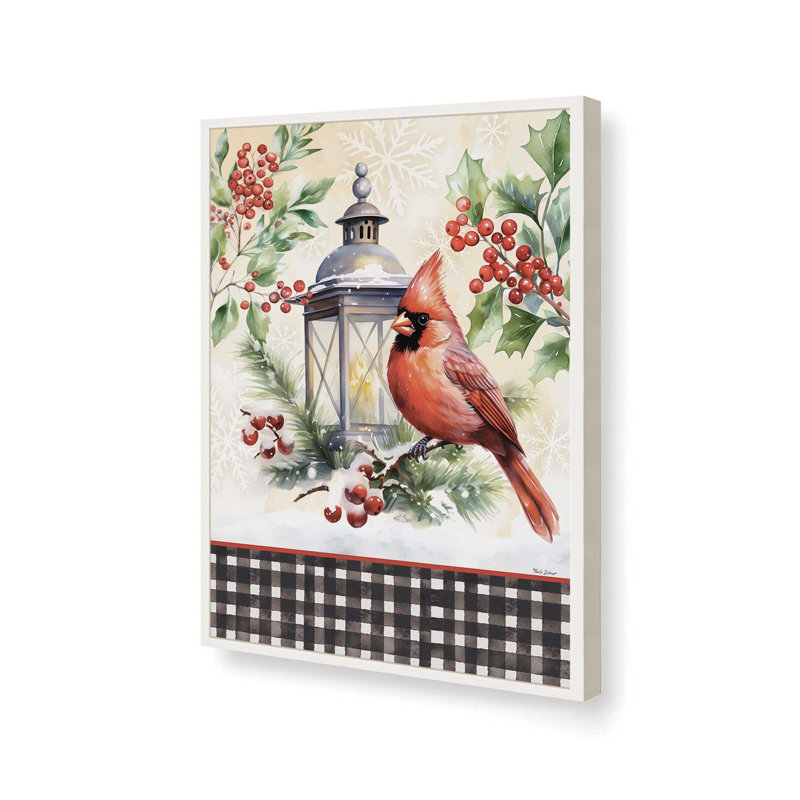 «Christmas Cardinal and Light Post» par Nicole DeCamp, reproduction d'art, L 18 po x H 24 po, Impression encadrée, Blanc