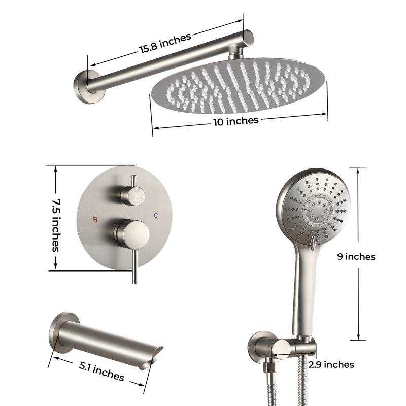 Ensemble de douche à pluie HGN 12 po avec douchette murale et bec de baignoire , Nickel brossé