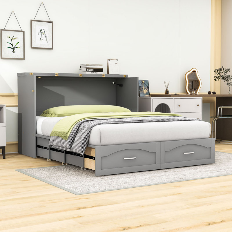 Lit escamotable mural 2 tiroirs avec prises de courant, poulie et ports USB, Queen, Gris