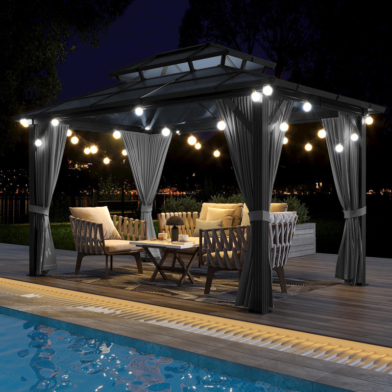 Pavillon de jardin rigide avec toit double en polycarbonate - structure en aluminium, protection contre les rayons UV et rideaux en maille pour patio, jardin, cour arrière