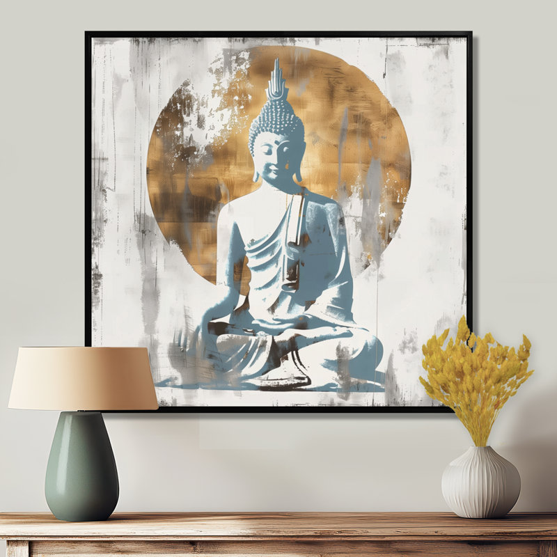 Bouddha doré gris et doré, réflexion IV - salon d'art mural bouddhisme, Encadrement argenté, H 36 po x l 36 po x P 1,5 po