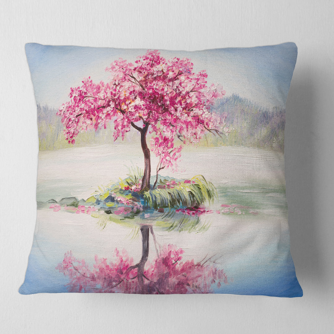 Cherry Tree Sakura on the Lake Square Pillow Cover & Insert Design Art 