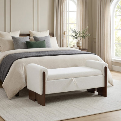 Banc de rangement pour chambre à coucher l 51 po avec pieds brossés en bois massif rétro