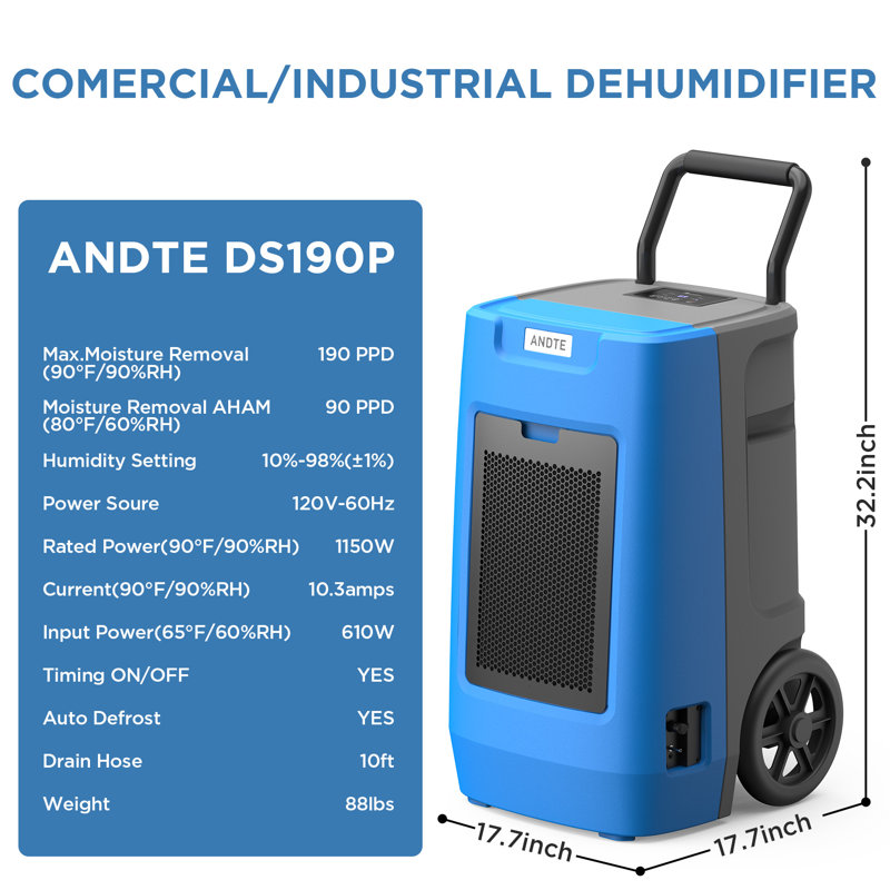 ANDTE 190 Pints Blue Commercial Dehumidifier with Pump