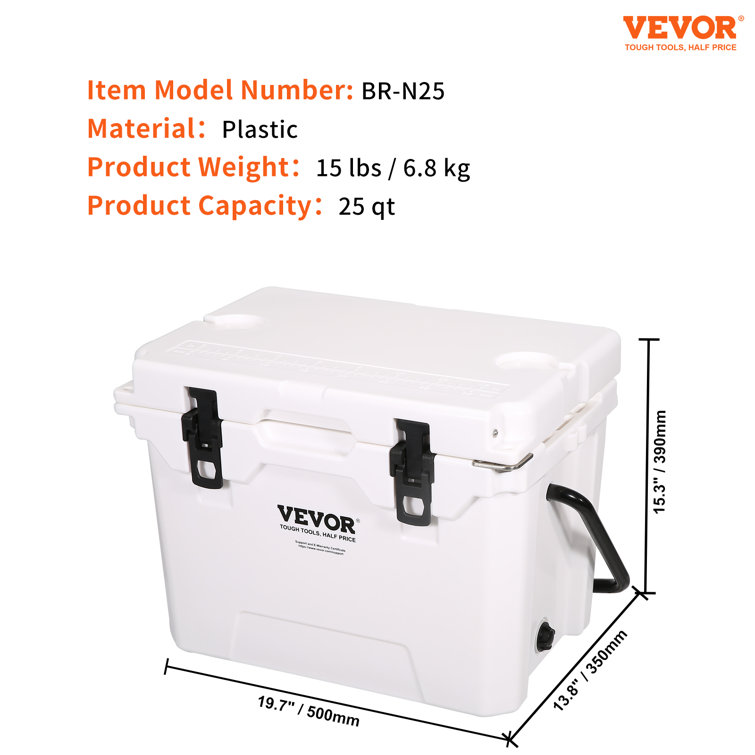 VEVOR Insulated Portable Cooler 25-65 qt Holds 25 to 65 Cans Ice Retention Hard Cooler with Heavy Duty Handle - 25QT