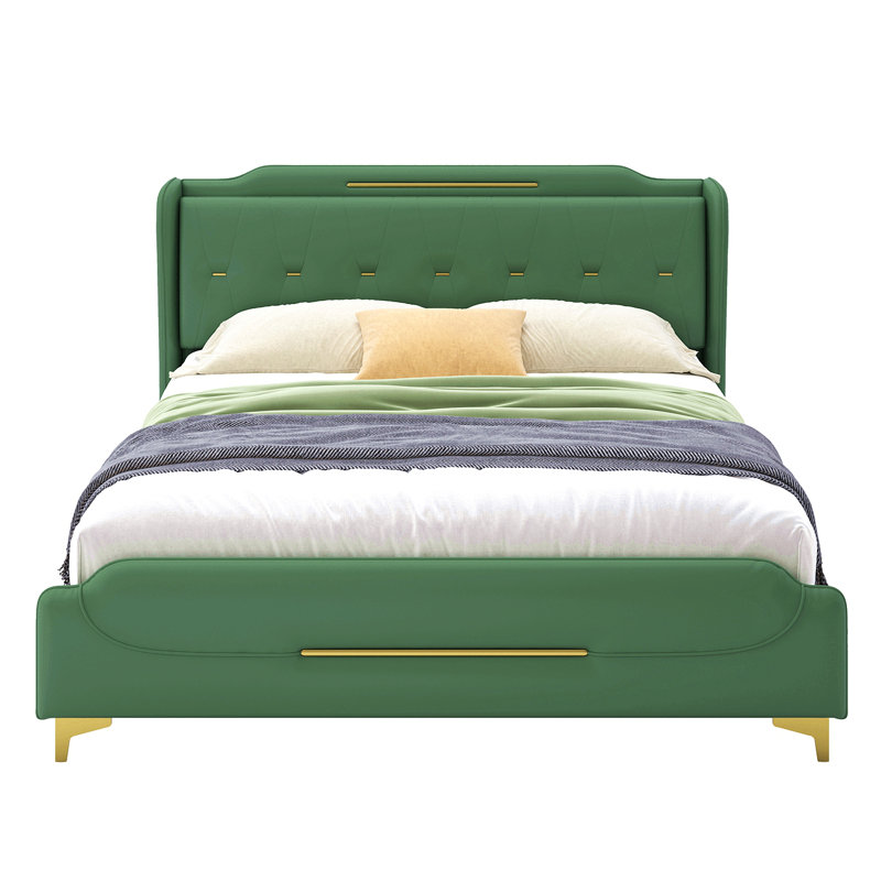 Structure de lit tapissier moderne, lit plateforme grand avec tête de lit à oreilles, revêtement en similicuir, aucun sommier nécessaire, silencieux, cadre de lit robuste pour la chambre à coucher, vert