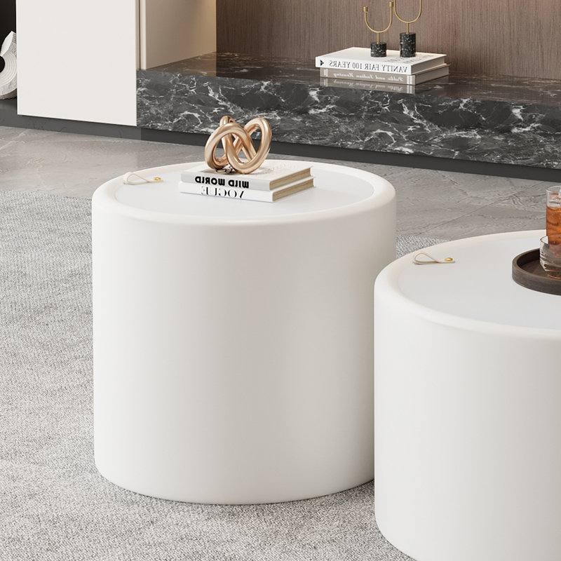Table basse ronde blanche avec plateau en verre trempé, H 17,72 po x l 19,69 po x P 19,69 po
